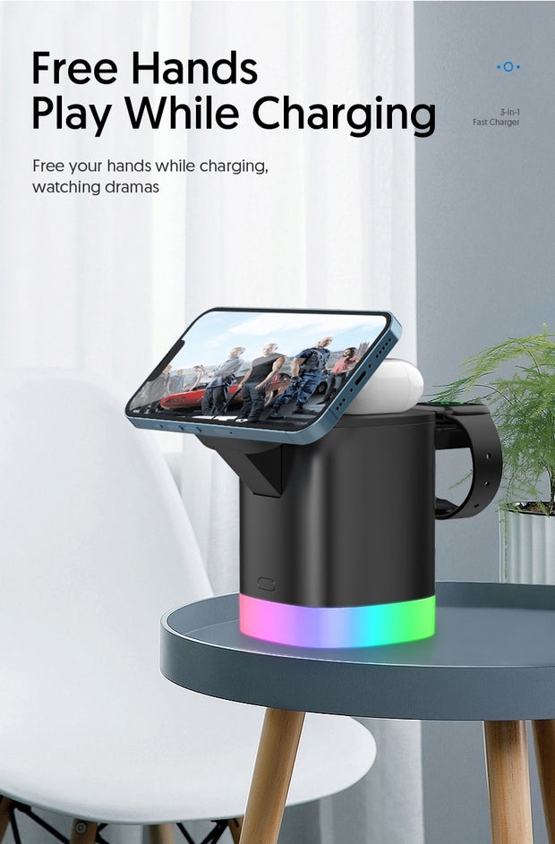 3 In 1 Magnetic Wireless  Fast Charger Bluetooth LED Lamp